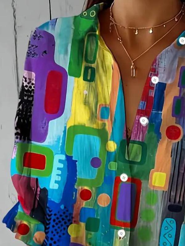 Camisa de Manga Larga para Mujeres con Estampado Geométrico Integral