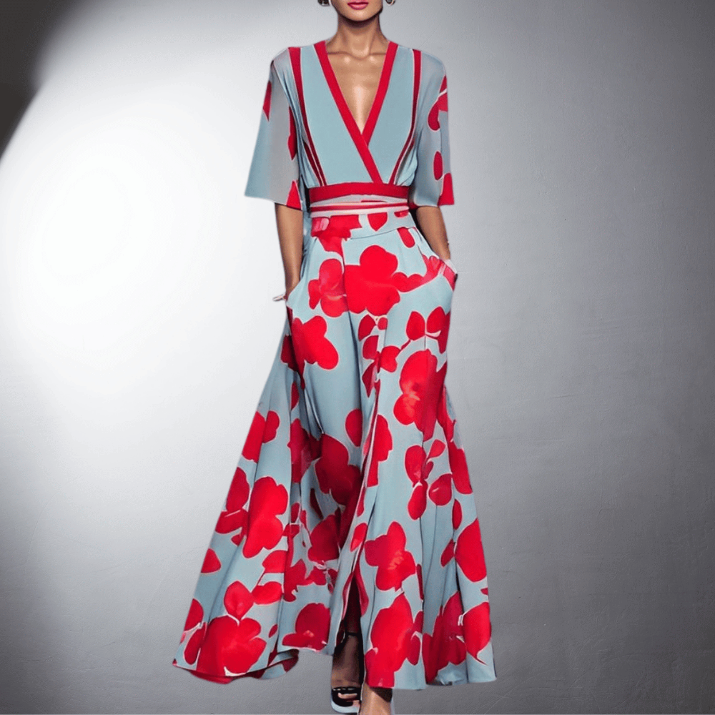 Vestido Elegante con Estampado y Cuello en V para Mujer