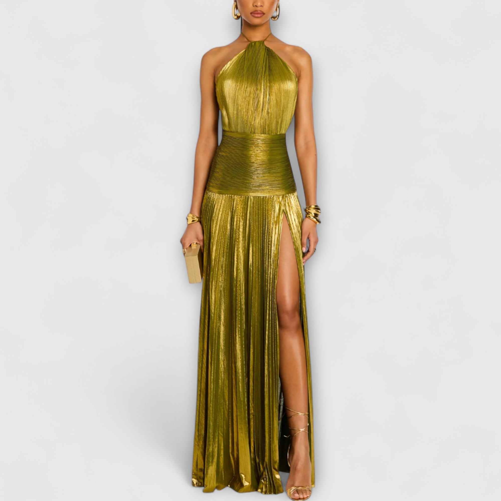 Vestido de Noche Metalizado con Cuello Halter para Mujer