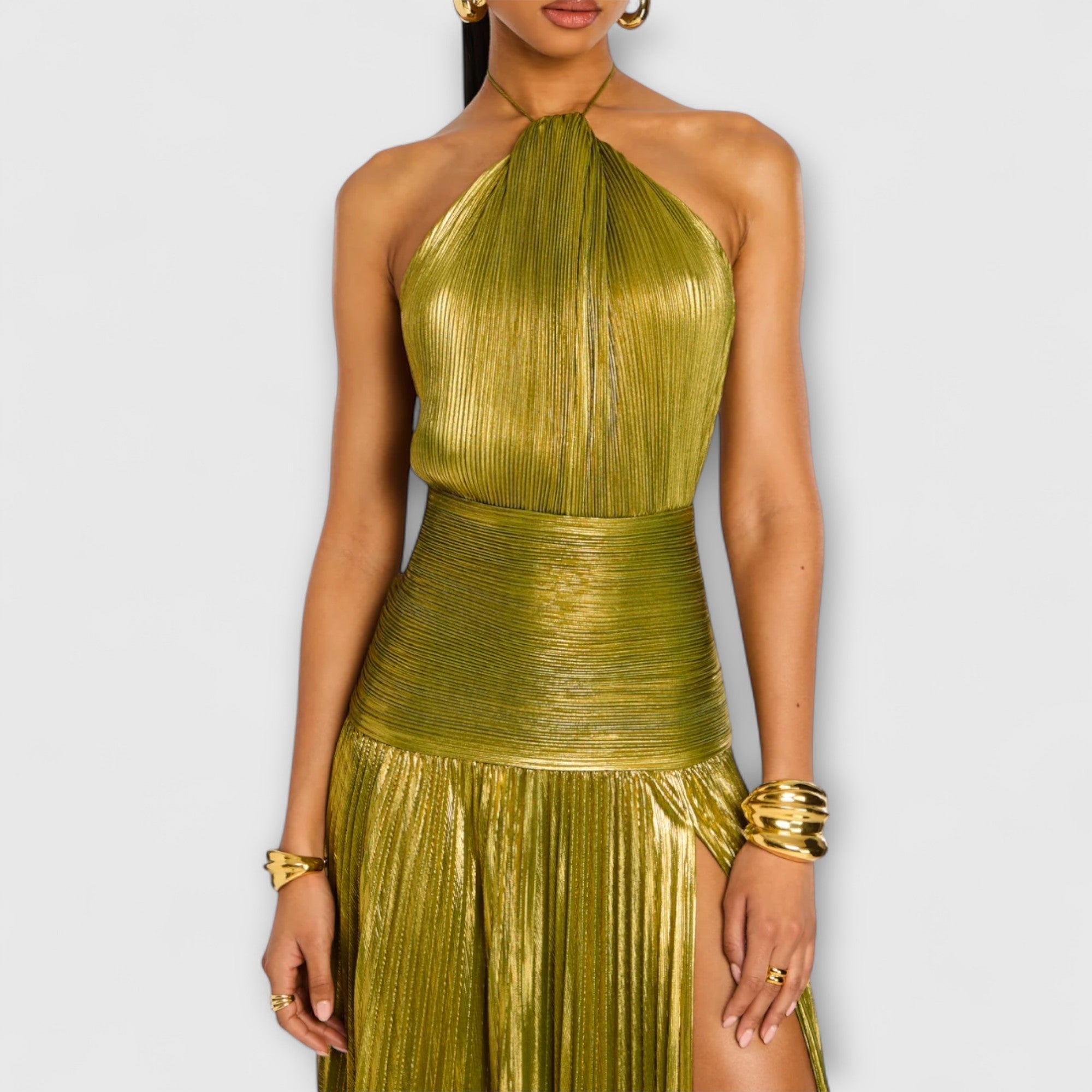 Vestido de Noche Metalizado con Cuello Halter para Mujer